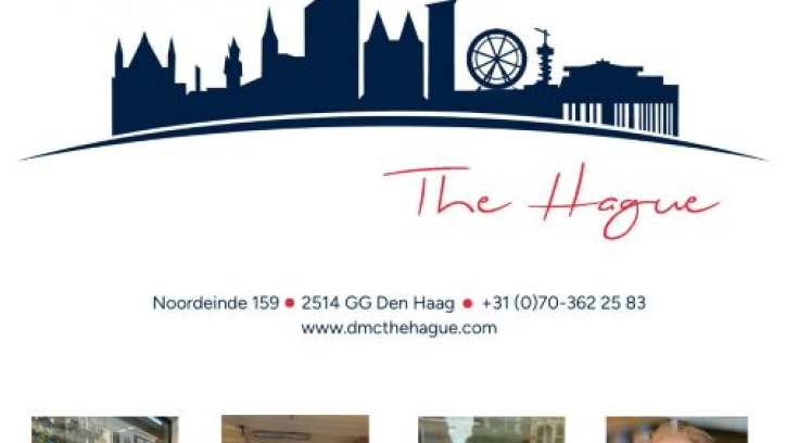 Logo of DMC The Hague with text 'DMC The Hague' and image of 4 of their employees.