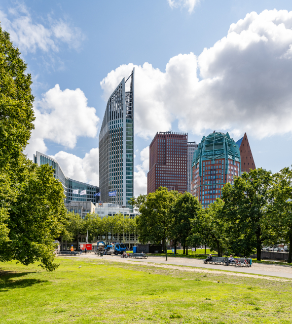 Image of the skyline of The Hague with a green park