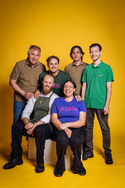 A group of six people posing together in front of a yellow background.