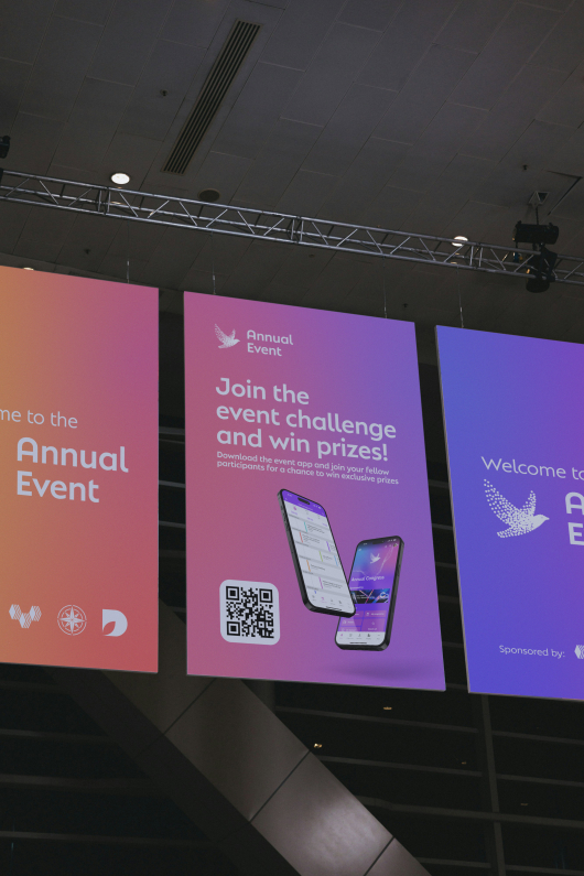 Five banners for an annual event with QR code and information