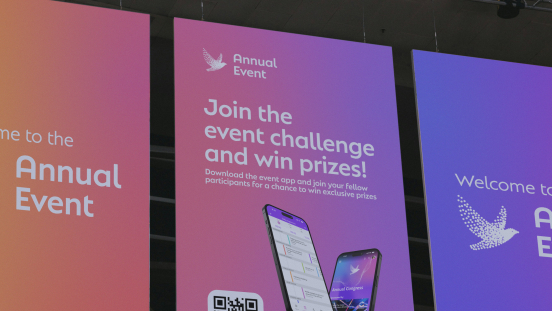 Five banners for an annual event with QR code and information