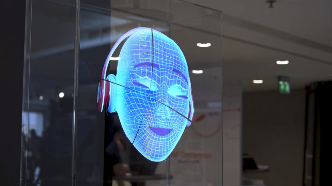 Image of digital face listening to headphone