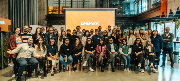 Group of about forty people during an EMBARK project
