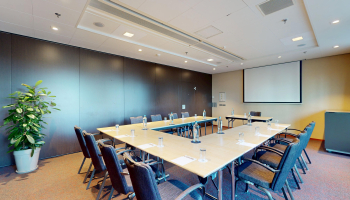 Spacious meeting room with a long table and chairs