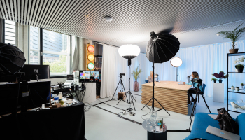 Modern recording studio with cameras and lighting