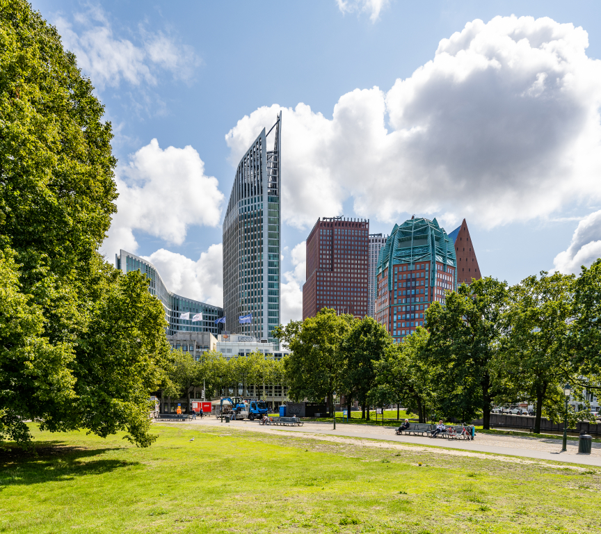 Image of the skyline of The Hague with a green park