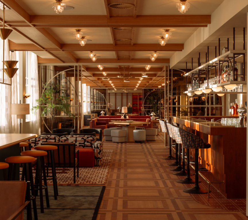 Stylish lounge with wooden furniture and bar