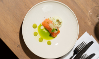 A plate with salmon, white sauce, and green drops.