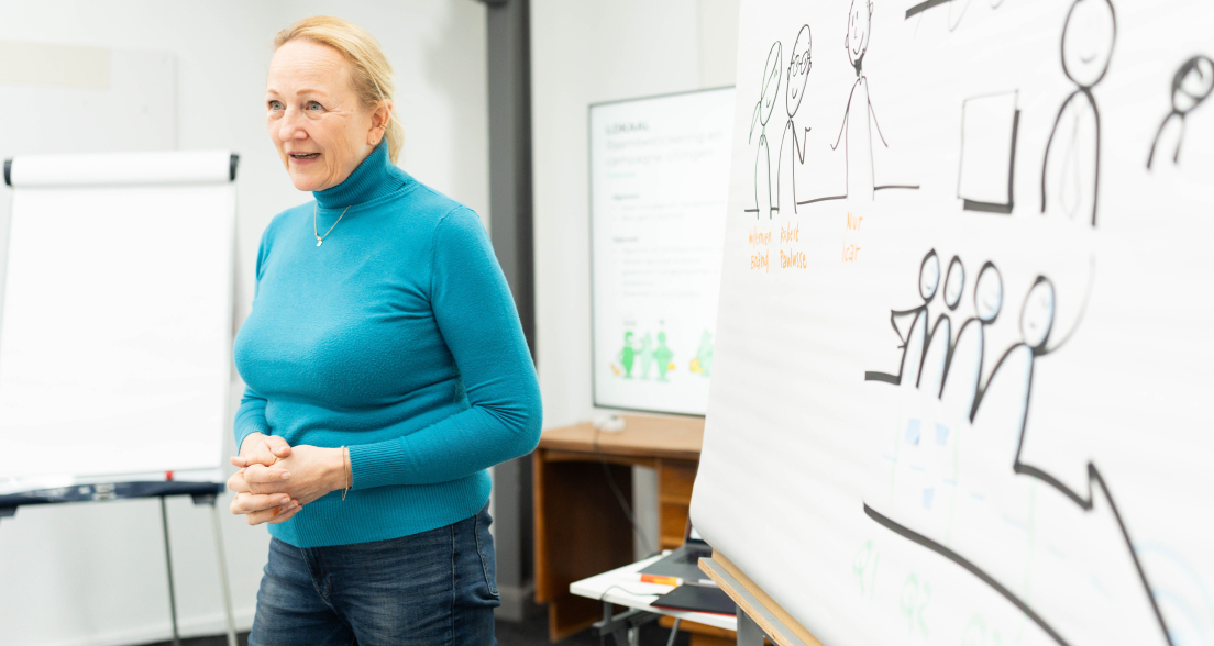A woman in a blue sweater is presenting at a flipchart with drawings.