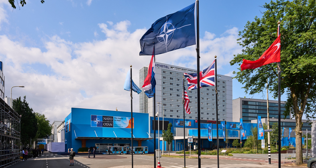 View of the NATO headquarters with flags