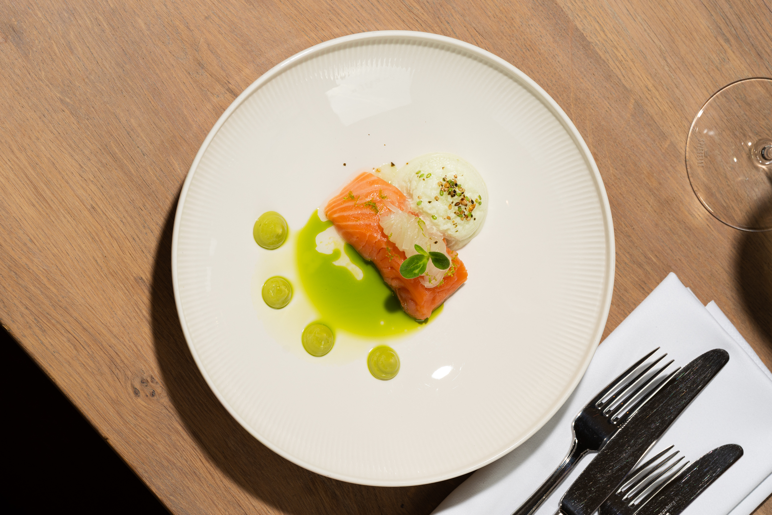A plate with salmon, white sauce, and green drops.