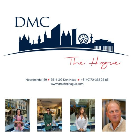 Logo of DMC The Hague with text 'DMC The Hague' and image of 4 of their employees.