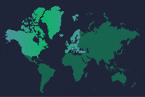 Stylized world map with wavy lines in green.