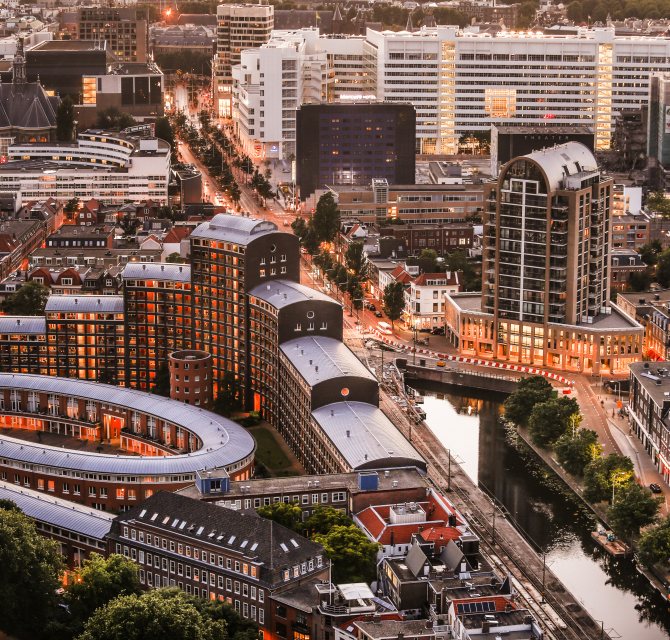 A Birds eye view of The Hague. To the right you see the events venue Amare
