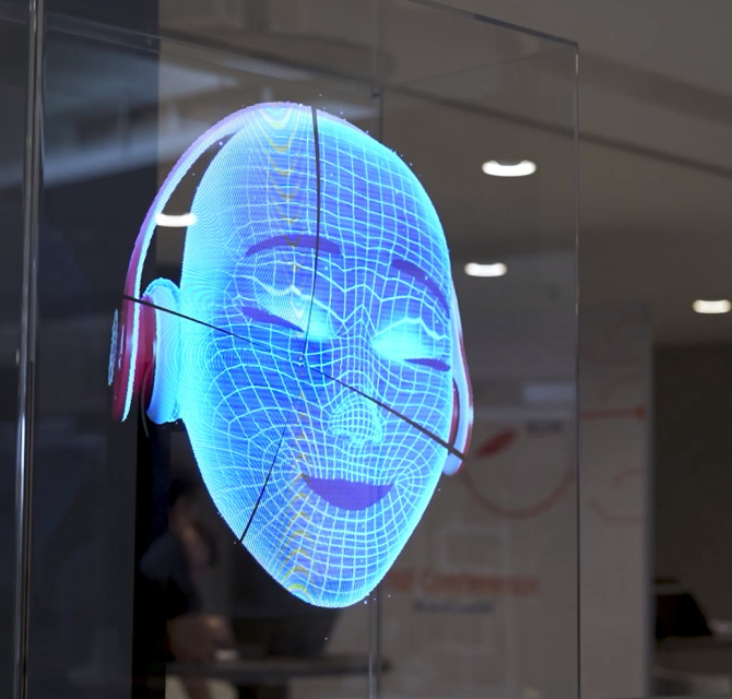 Image of digital face listening to headphone