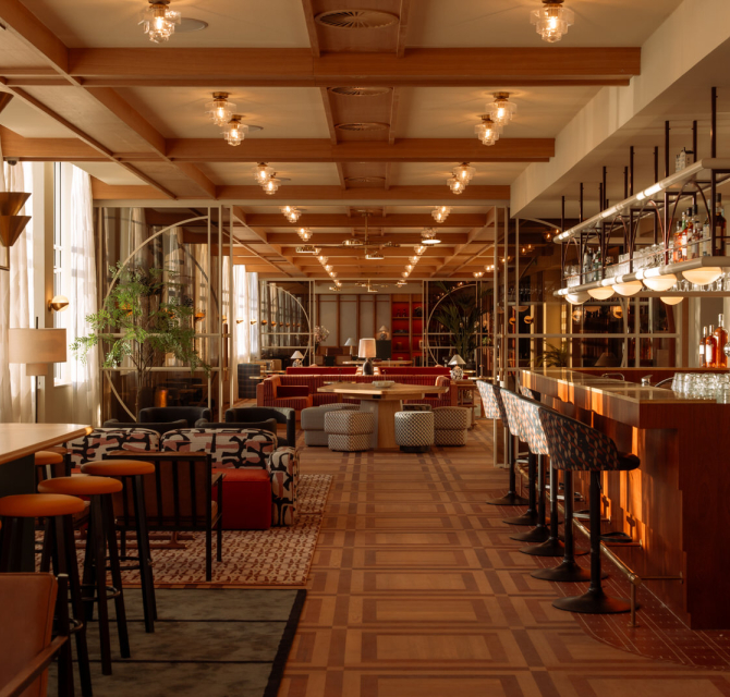 Stylish lounge with wooden furniture and bar