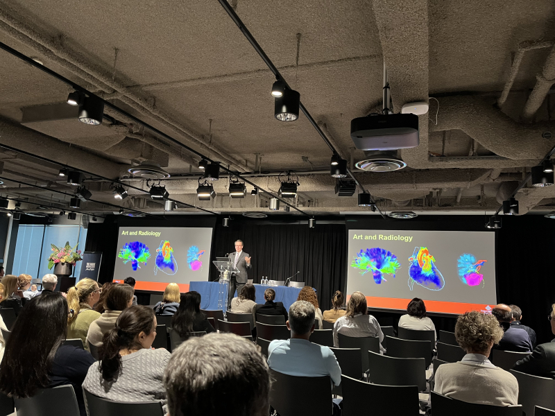 A man is giving a presentation on art and radiology to an audience.