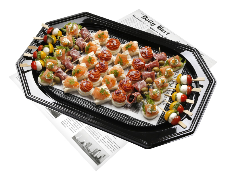 A platter featuring assorted appetizers like canapés and skewers.