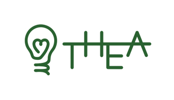 A green light bulb with a heart and the text THEA