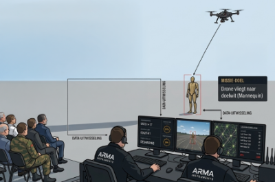 A drone flying towards a mannequin as a target.