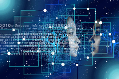 An abstract representation of faces with digital elements and binary code.
