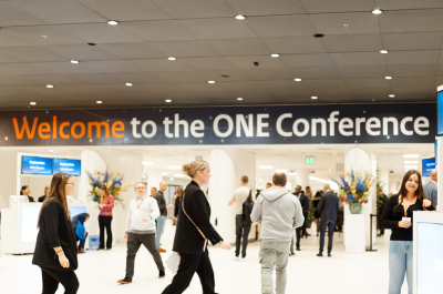 Visitors in a registration hall for the ONE Conference