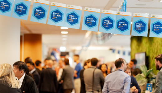Attendees mingling at Cybersecurity Week in The Hague.