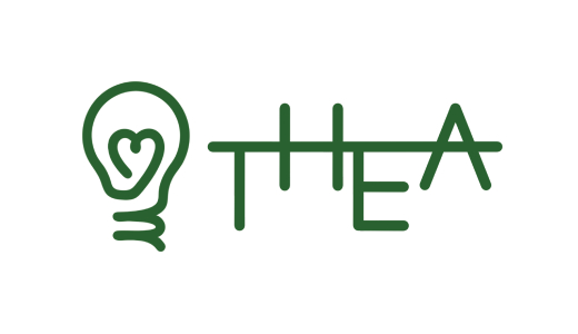 A green light bulb with a heart and the text THEA