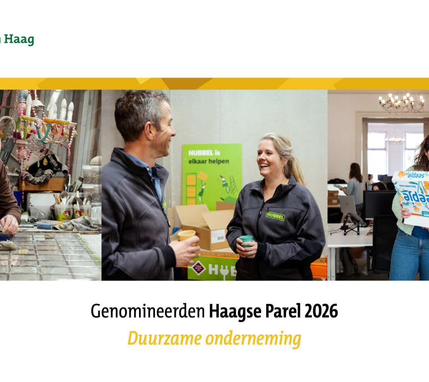 Drie mensen in een duurzame onderneming in Den Haag.