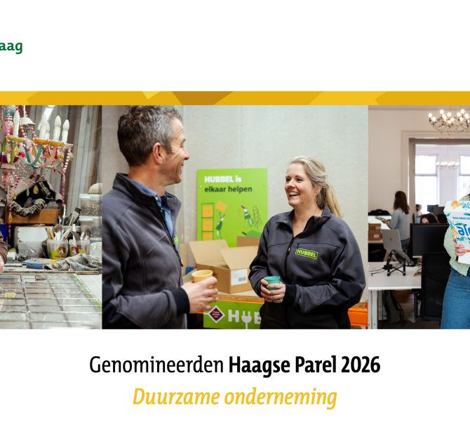 Drie mensen in een duurzame onderneming in Den Haag.