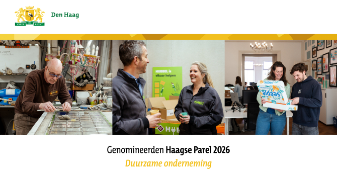 Drie mensen in een duurzame onderneming in Den Haag.