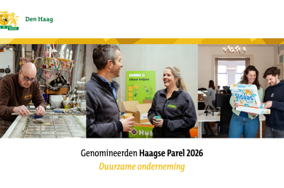 Drie mensen in een duurzame onderneming in Den Haag.