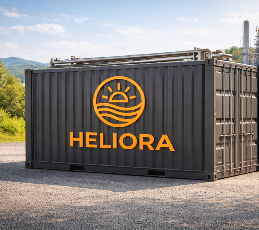 Black container with Heliacora logo against a green background
