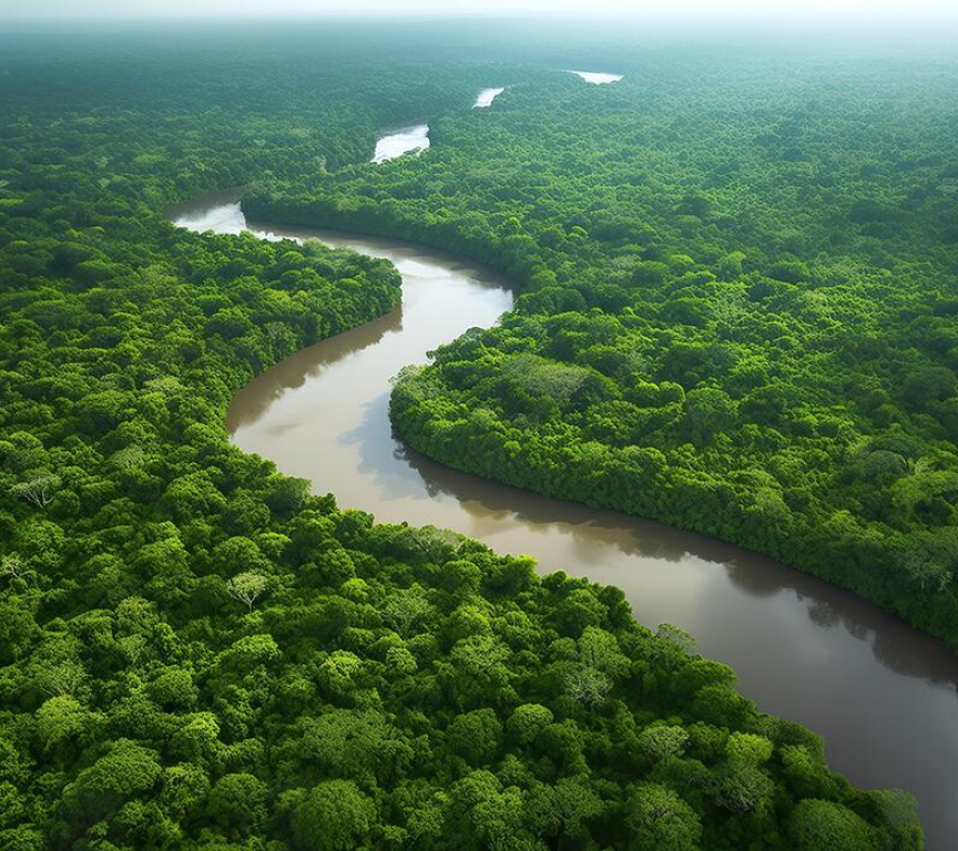 Aerial view of a winding river surrounded by dense green trees.