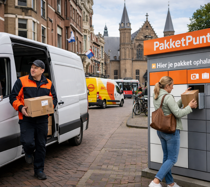 parcel delivery in The Hague versus parcel points. Picture created with the help of Ai