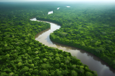 Aerial view of a winding river surrounded by dense green trees.