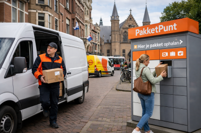 parcel delivery in The Hague versus parcel points. Picture created with the help of Ai