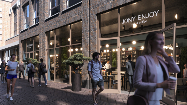 Busy street with people outside Jony Enjoy café. Spui university campus. Photo credit: CBRE Investment Management 