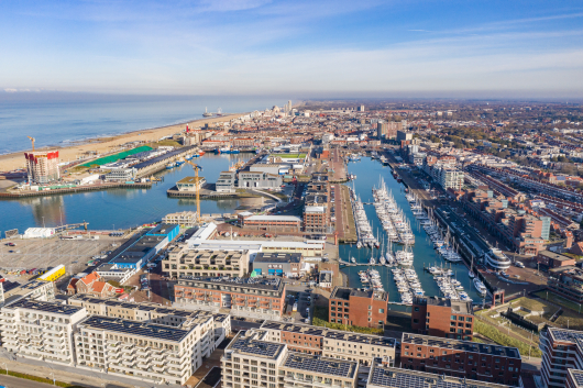 Aerial view of Scheveningen harbor with yachts and beach