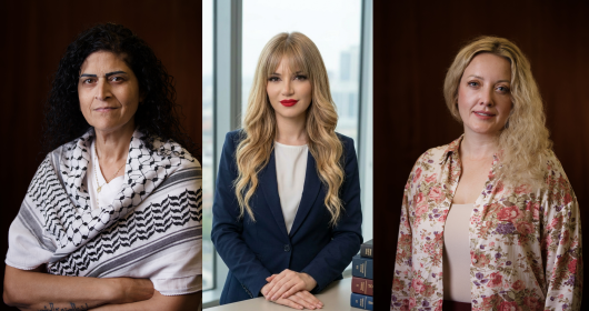 From left to right: Lucy Talgieh, Maya Yamout and Nina Potarska, three women peacebuilders working in Palestine, Lebanon and Ukraine. Their work ranges from women’s participation in conflict mediation and preventing violent extremism to strengthening social care and community resilience during war. (ICAN Participants)

