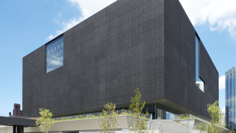 A modern building with a flat black façade and steps