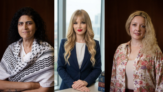 From left to right: Lucy Talgieh, Maya Yamout and Nina Potarska, three women peacebuilders working in Palestine, Lebanon and Ukraine. Their work ranges from women’s participation in conflict mediation and preventing violent extremism to strengthening social care and community resilience during war. (ICAN Participants)

