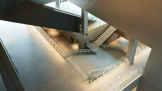 Overview of stairs and corridors in a modern building