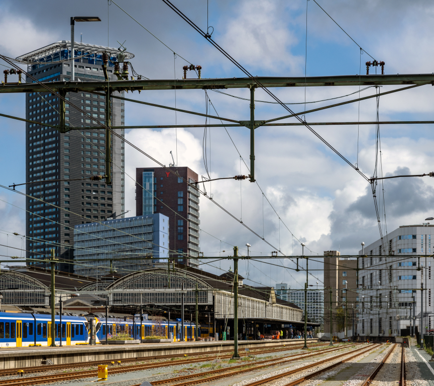 View of The Hague train station with modern architecture.