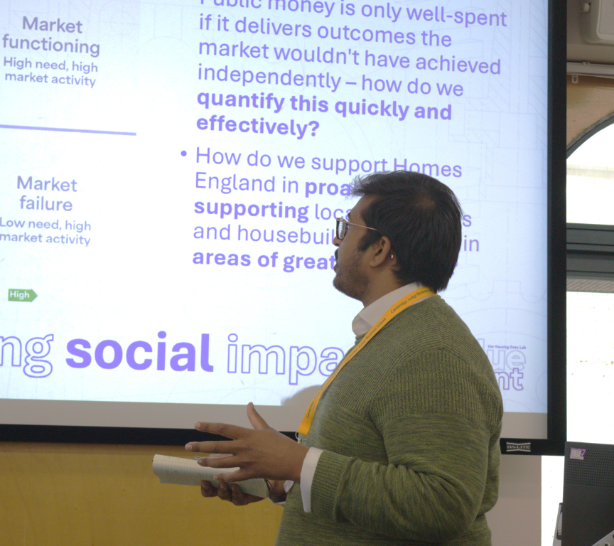 Man giving a presentation with graphs displayed on screen.