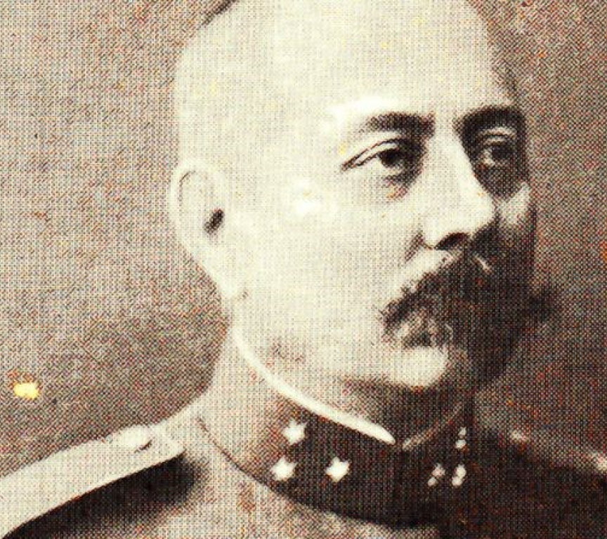 Portrait of Major Lodewijk Willem Johan Karel Thomson, commander of the Dutch military mission. He is shown in sepia tone, wearing a decorated military uniform with epaulets and a high collar, and has a prominent mustache. He gazes to the left in this historical photograph.