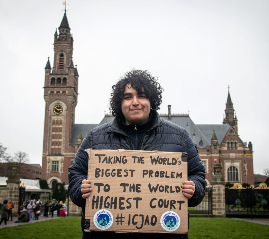 Mert Kumru, Worlds Youth for Climate Justive in front of the Peace Palace