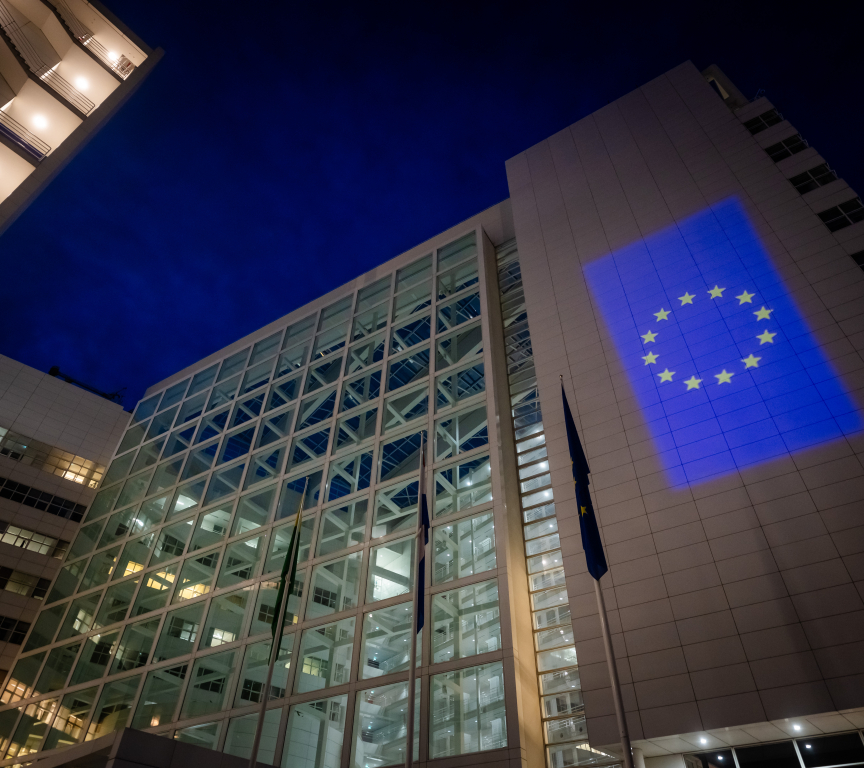 Town Hall The Hague with EU sign by night - Martijn Beekman fotography 8 May 2025.