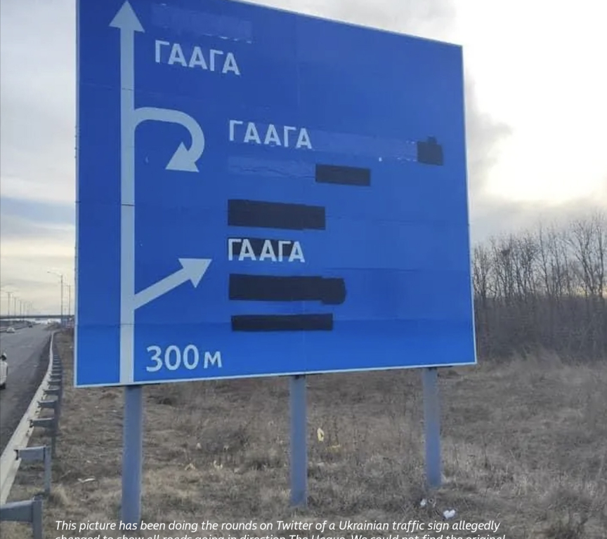 roadsigns in ukraine all showing the way to The Hague