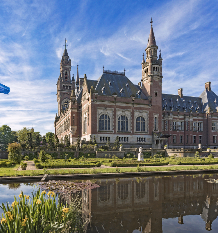 Vredespaleis in Den Haag met een stukje van de tuin tegen een blauwe lucht.